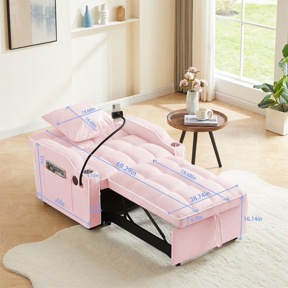 Convertible Sofa Bed Chairs 3-in-1 Multi-Function Folding Sleeper Sofa Pink US