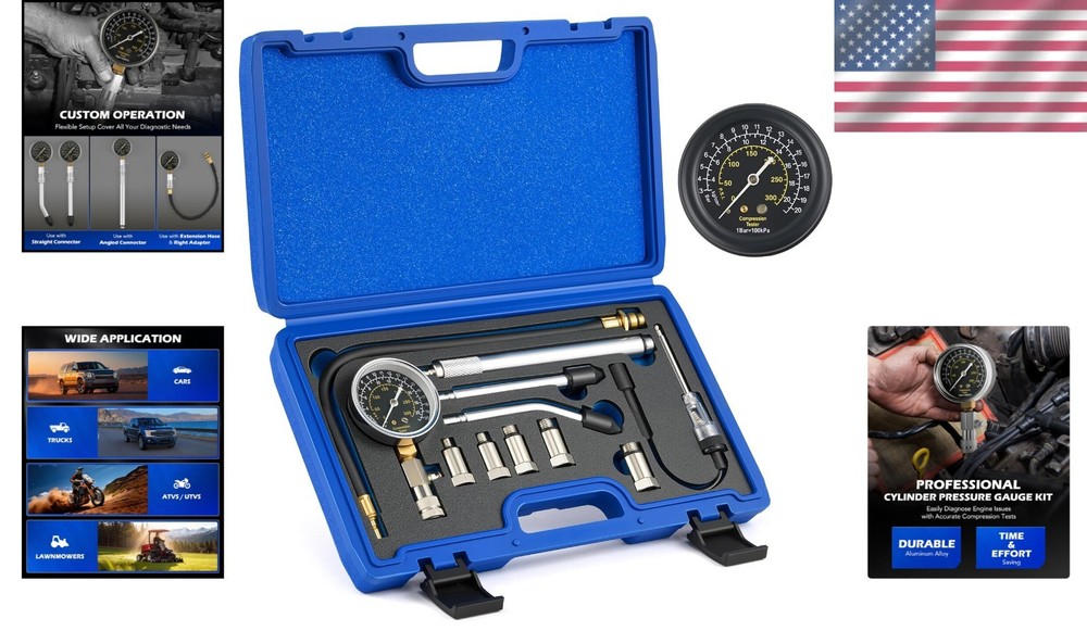 Precision Engine Cylinder Compression Tester - 11 pc Kit with Adapters and Gauge