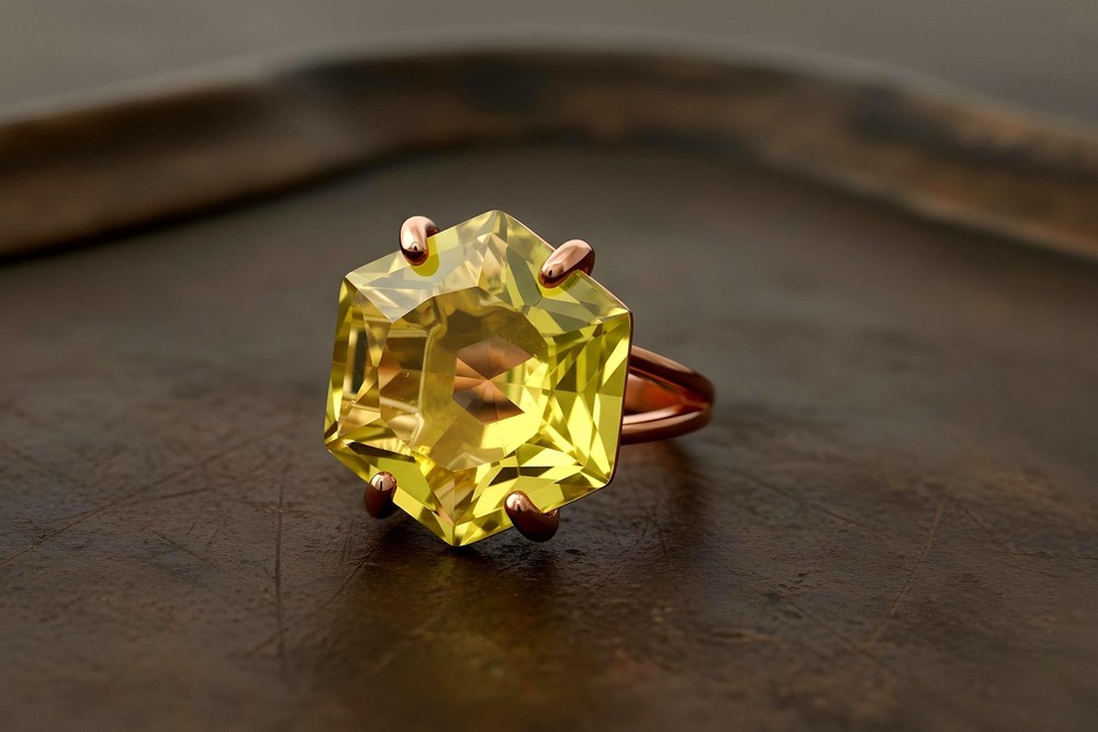 Lemon Quartz Ring Anemone Handmade Hexagon Cut 14k Gold Statement