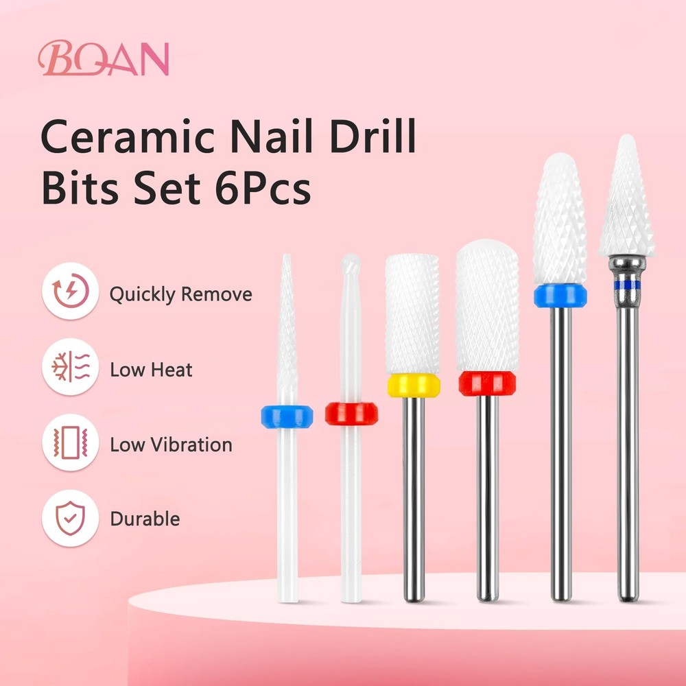 BQAN Nail Drill Bits Set - 6Pcs Ceramic 3/32” for Prep. Cuticle White