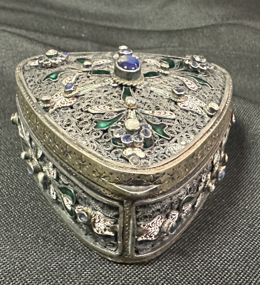 Antique Austrian Jeweled Silver Box Enameled Triangular with Great Work