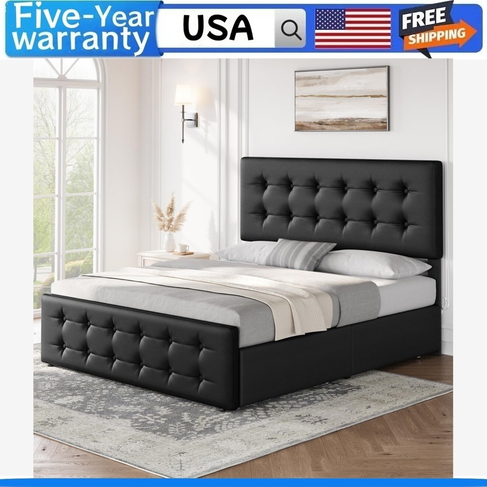 🎱✅Full Size Bed Frame with 4 Storage Drawers and Headboard Upholstered Platform