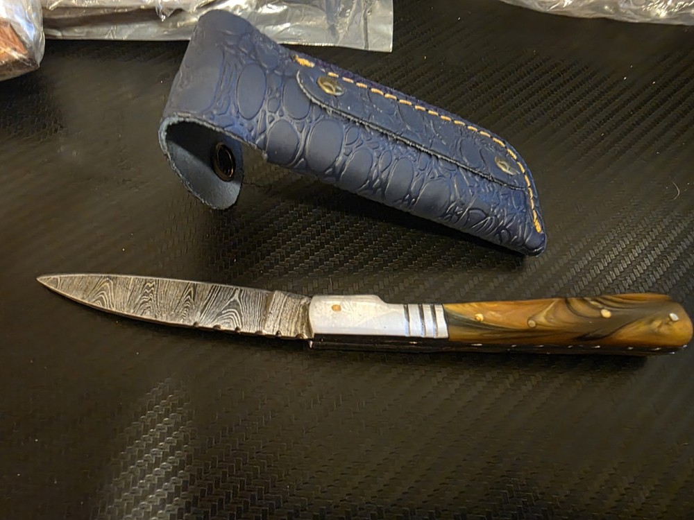 hand made folding damascus knife with sheath