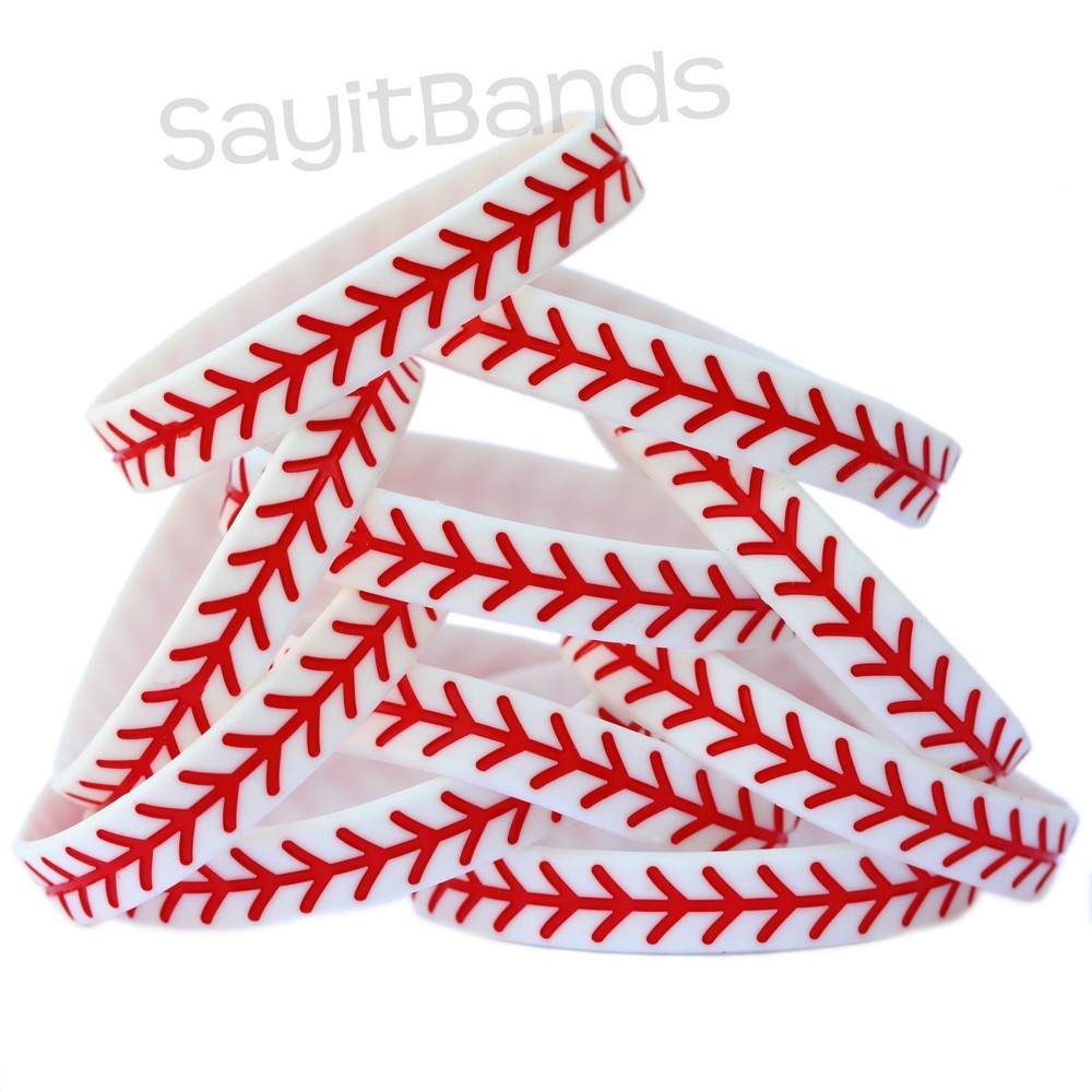2 Baseball Silicone Wristband featuring Debossed Thread Pattern - Great Bracelet