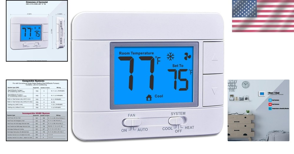 Upgraded Non-Programmable Digital Thermostat for Single Stage Systems - Blue LCD