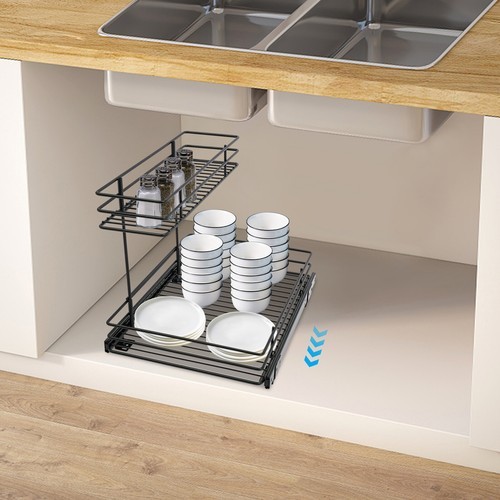 2-Tier Pull-out Cabinet Storage Rack, Sliding Out Storage Rack Under Sink, Black