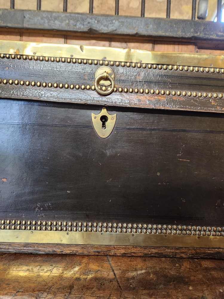 Antique Black Brass Rivetted Wooden Solid Trunk.