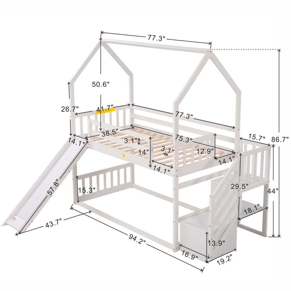 Twin over Twin Bunk Bed with Convertible Slide Staircase Solid Wood Construction
