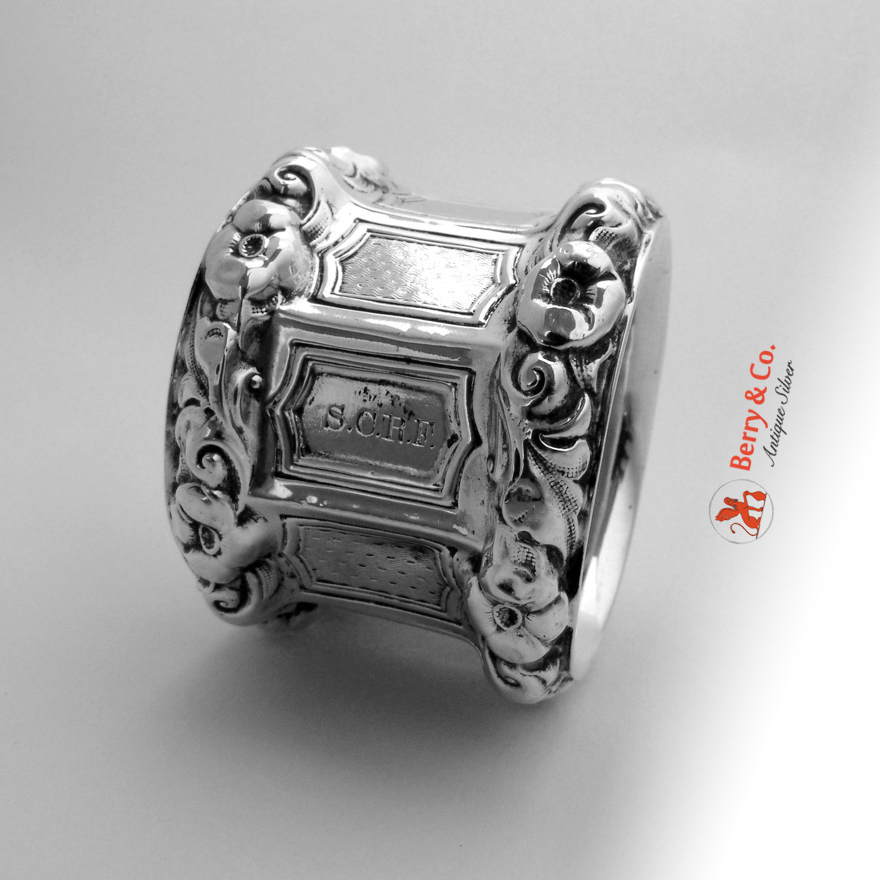 Nonagonal Baroque Wild Rose Napkin Ring 12 Loth German Silver 1855