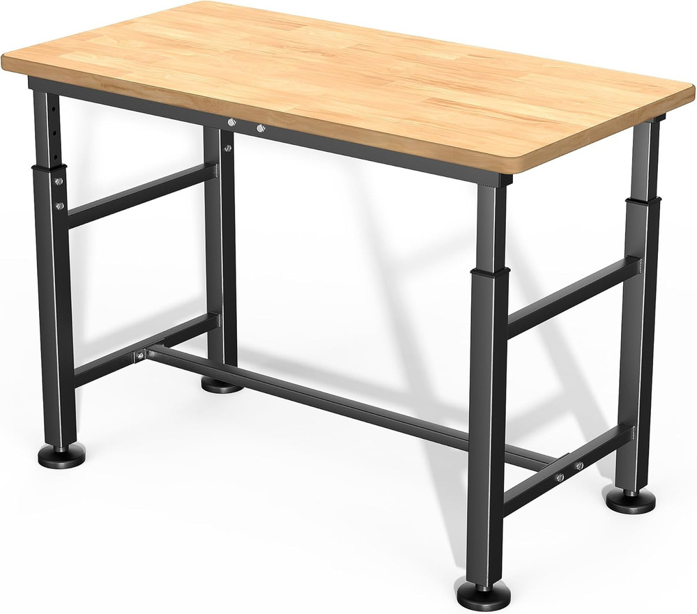 Workbench for Garage, 47.5" Adjustable Height Work Table, Heavy Duty Rubber Wood