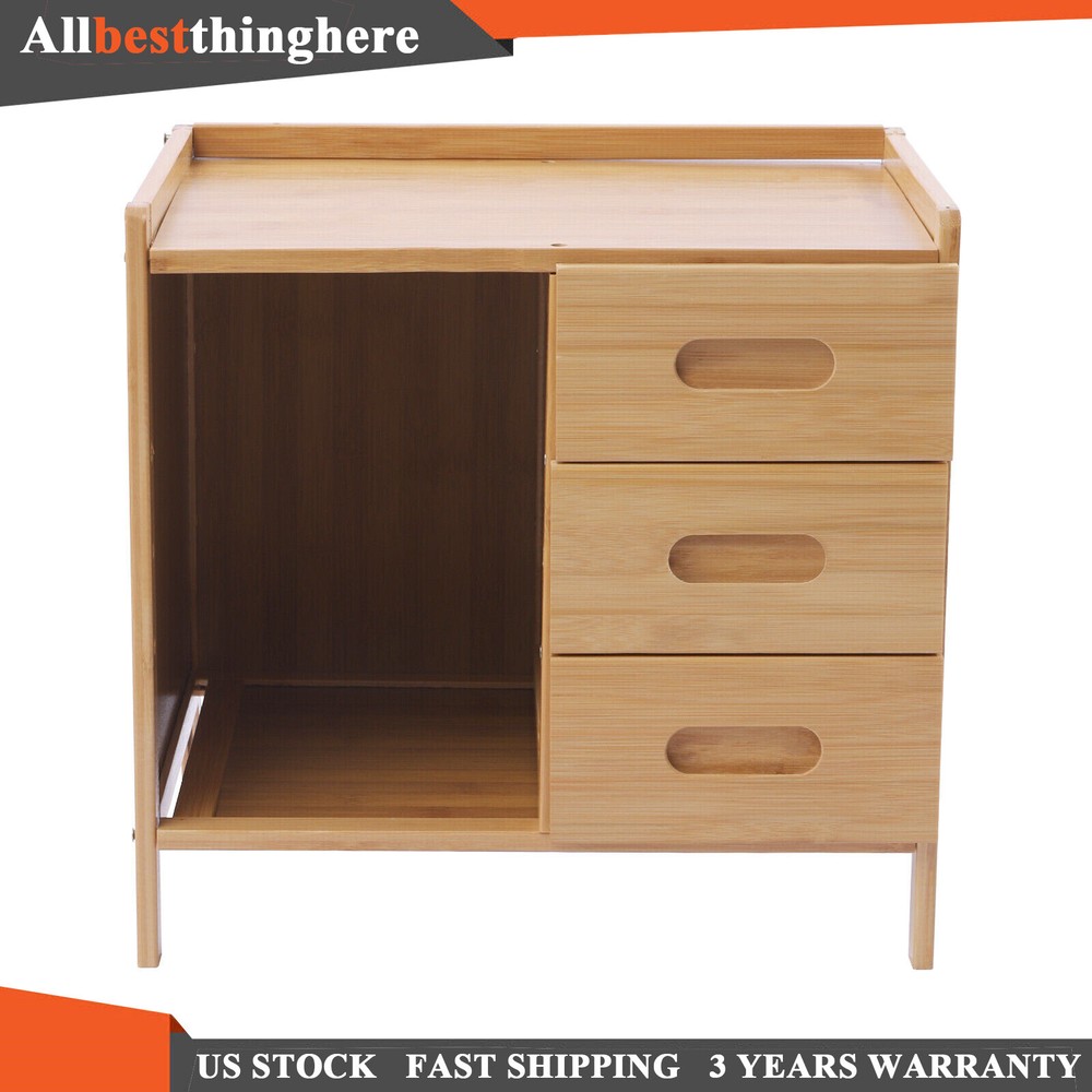 Nightstand Bedside End Table Bedroom Side Bamboo Storage w/ Pull-out Drawer US