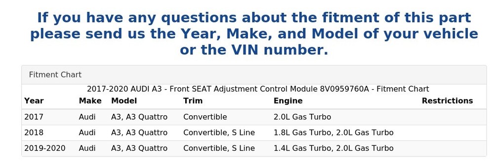 2017-2020 AUDI A3 - Front SEAT Adjustment Control Module 8V0959760A