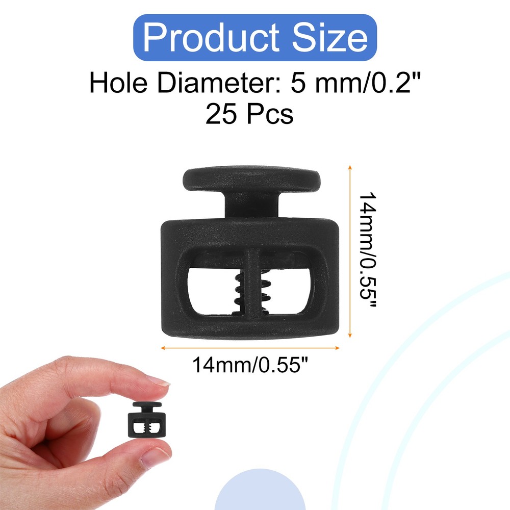 25 Pcs Plastic Spring Cord Lock, Double Hole Toggle Round Stopper, Black