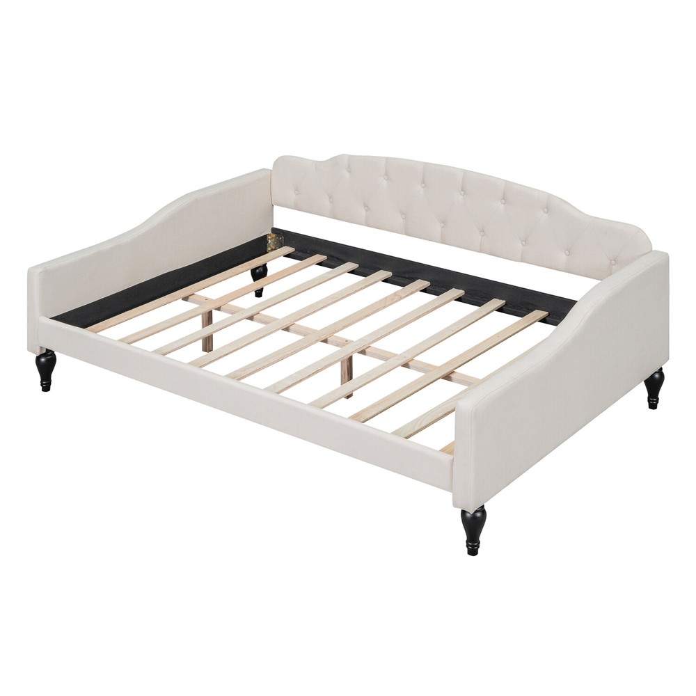 Full Size Daybed Linen Upholstered Bed Frame Sofa Bed for Bedroom Beige US