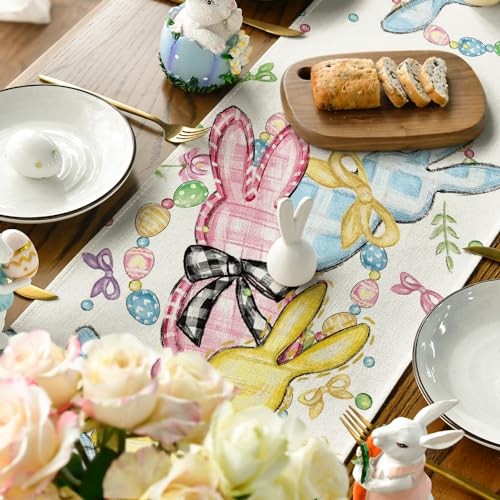 Floral Bow Bunny Rabbits Eggs Easter Table 13" x 60", Table Runner Beige
