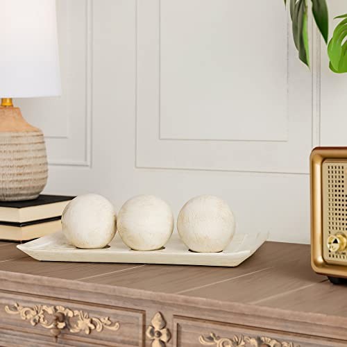 Rustic Luxe Decorative Tray and Orb Set - Centerpiece Table Distressed White