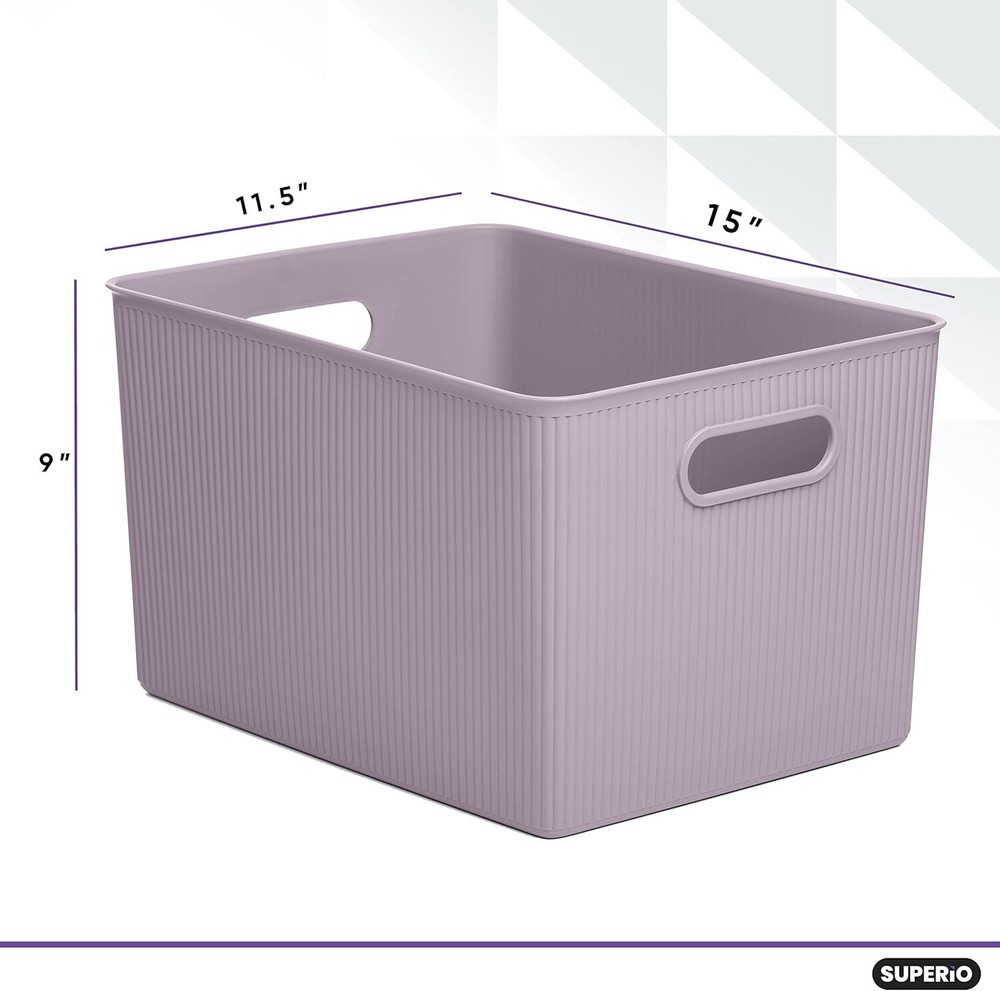 Superio 22L Large Ribbed Storage Bin- Plastic Storage Bin (2 Pack, Lilac)