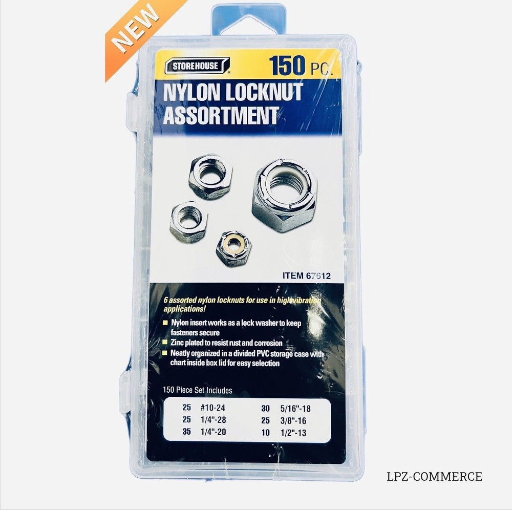 150 pcs Hex Nylon Insert Lock Nut Assortment SAE 6 Sizes High Vibration Locknut