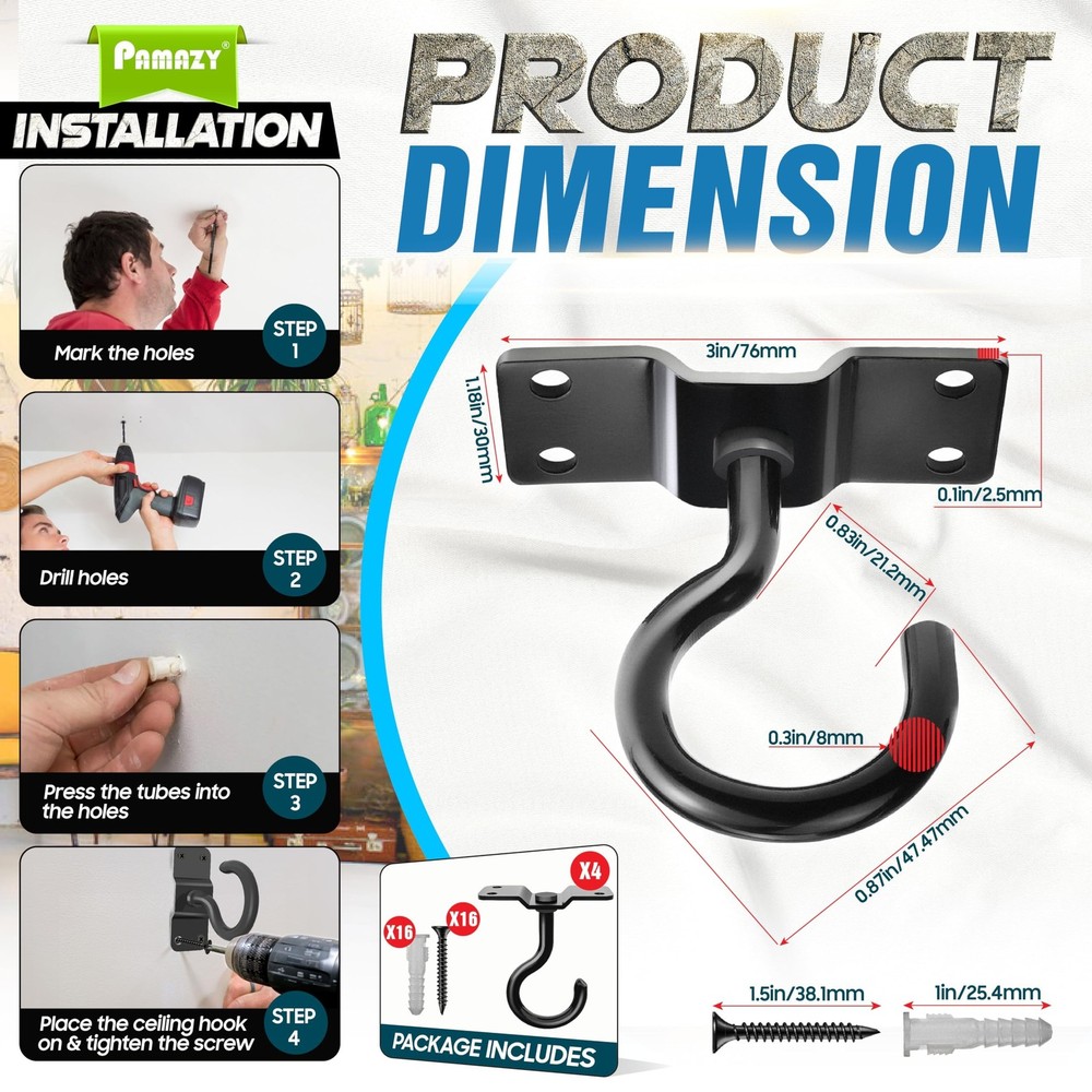 [UPGRADED] 4Pcs 200LBS Rotatable Ceiling Hooks with 4 Screw Points Base, Wall...