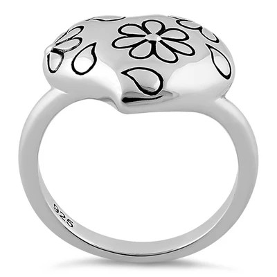 925 Sterling Silver Flower Leaf Heart Ring