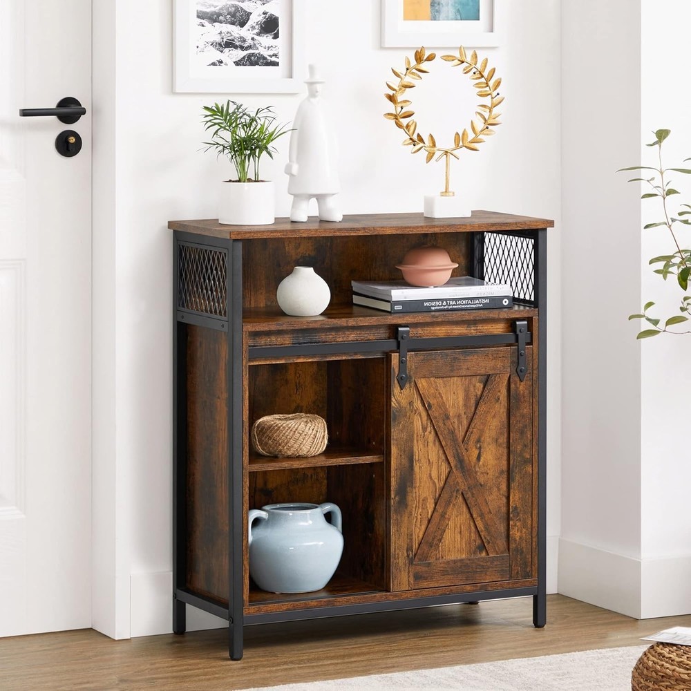 Versatile Sideboard with 1 Sliding Barn Door, Adjustable Shelves, 3 Compartments