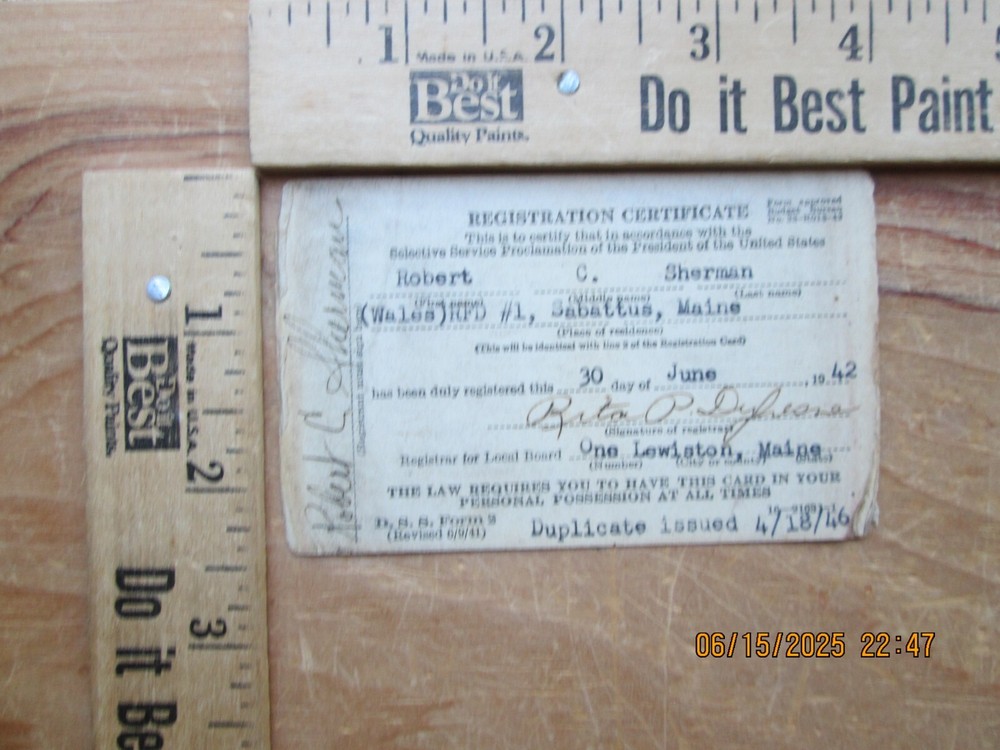 SELECTIVE SERVICE Registration certification sabattus Maine 1942
