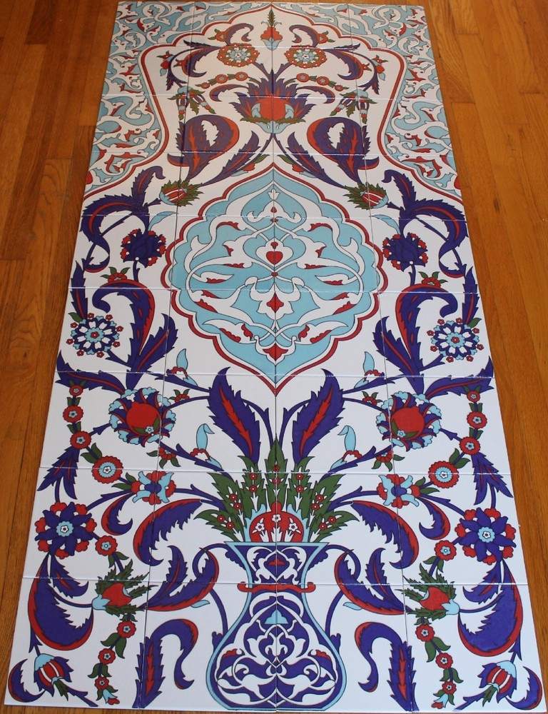 Turkish 32"x71" Iznik Floral Pattern Handpainted Ceramic Tile PANEL Mural