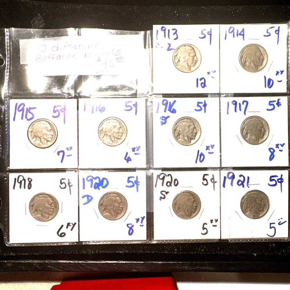 Buffalo nickels 10 different dates pre 1923 circ mixed mints