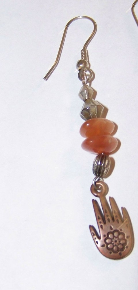 S. Silver Wire, Carnelian & Copper"Hand"Earrings 2 3/4"