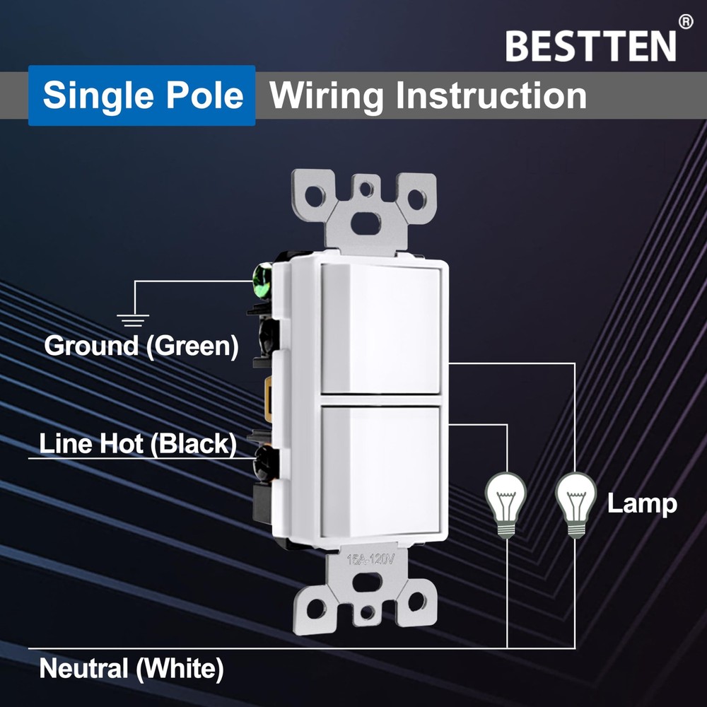 2 Pack Double Rocker Light Switch, Two Single Pole Electrical Paddle Switch, ...