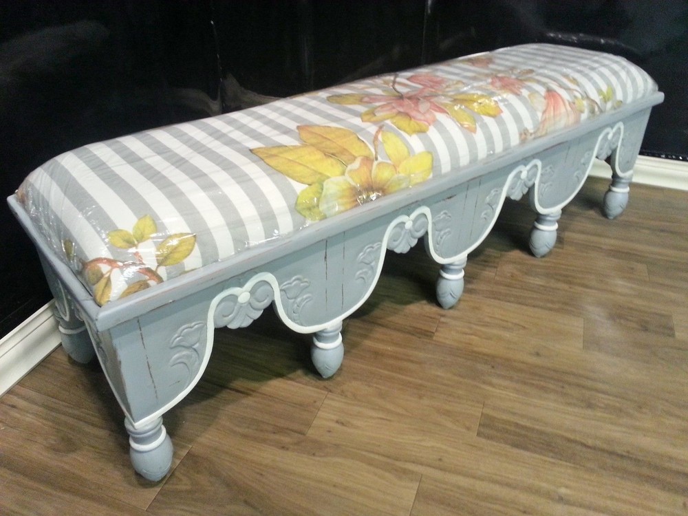 Steven Shell Upholstered Venetian Bench Grey Mist Distressed