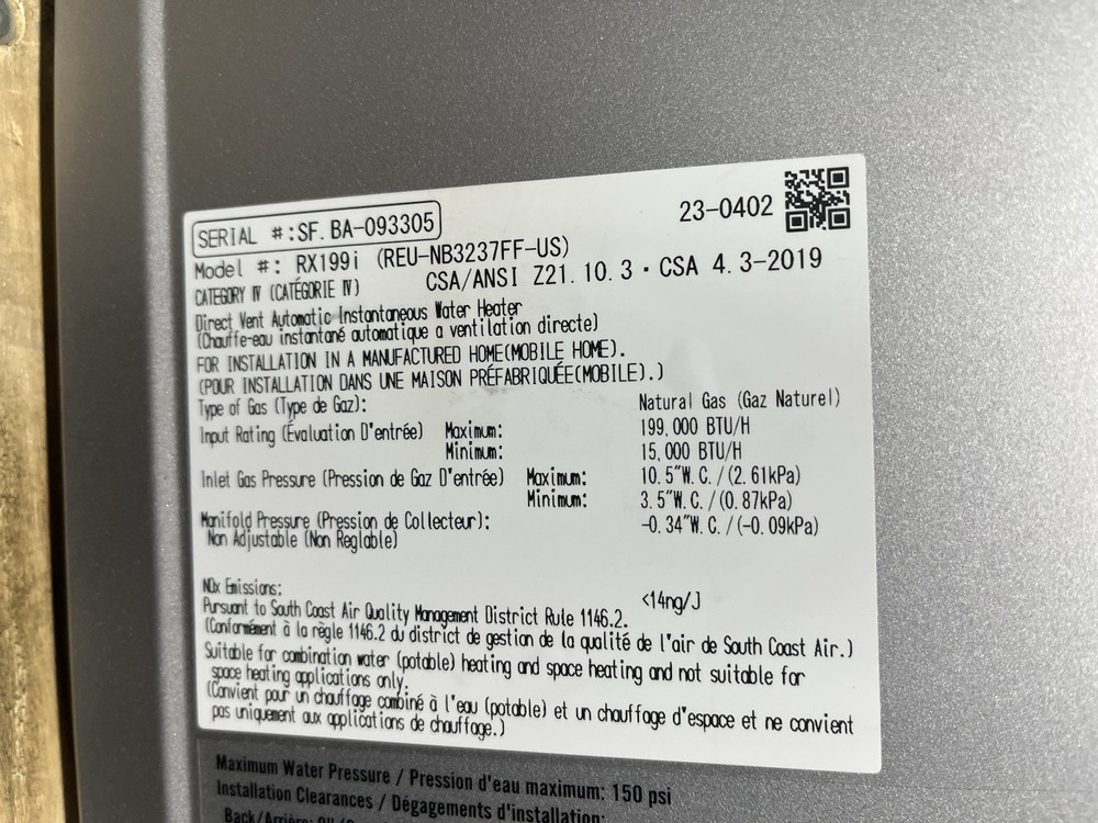 Rinnai RX199iN Tankless Water Heater 199k BTU Nat. Gas/Propane Gas (B-16 #1632)