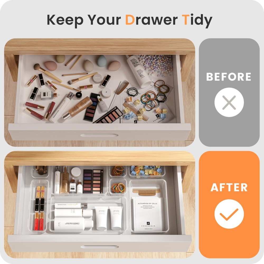 46PCS Clear Drawer Organizer - Makeup, Bathroom, Vanity & Kitchen Storage