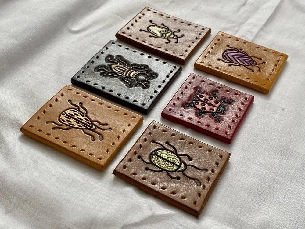 Handmade Leather Insect Square Patches Set, 6 Pieces