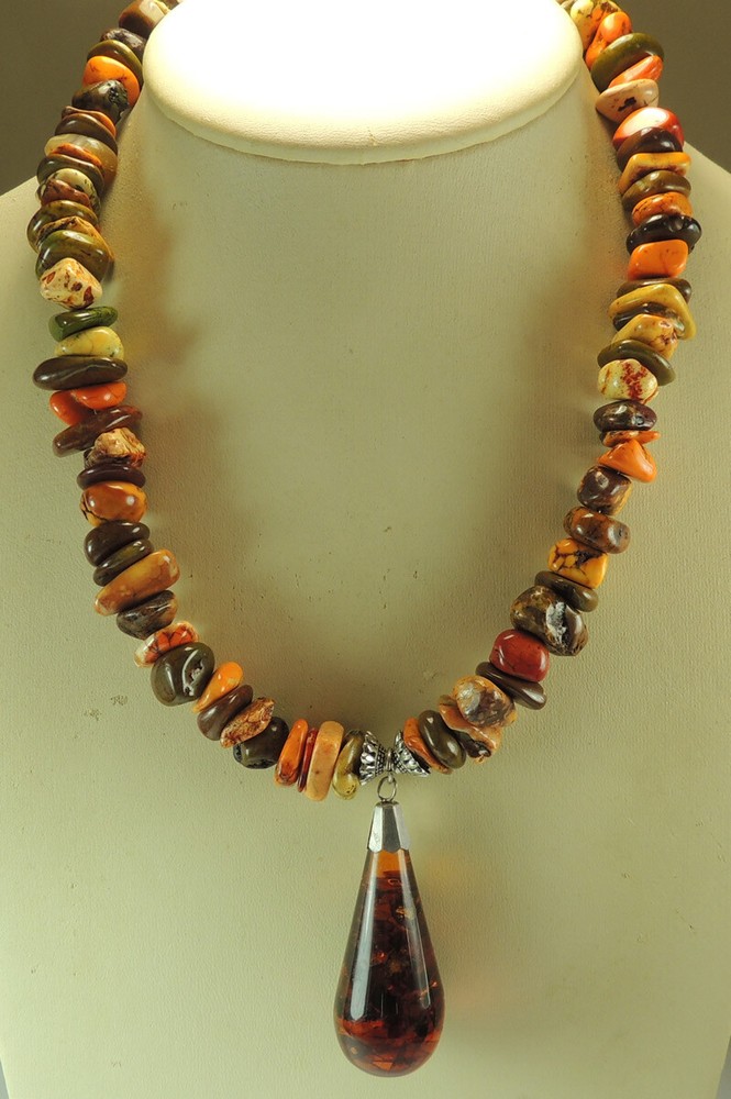 Statement Jasper Necklace with Reconstituted Amber Teardrop Handmade