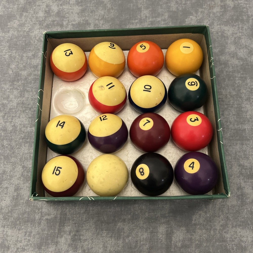 Vintage Striped Pool Ball Set w/ Original Box – 2¼″ Regulation Size (Missing #2)