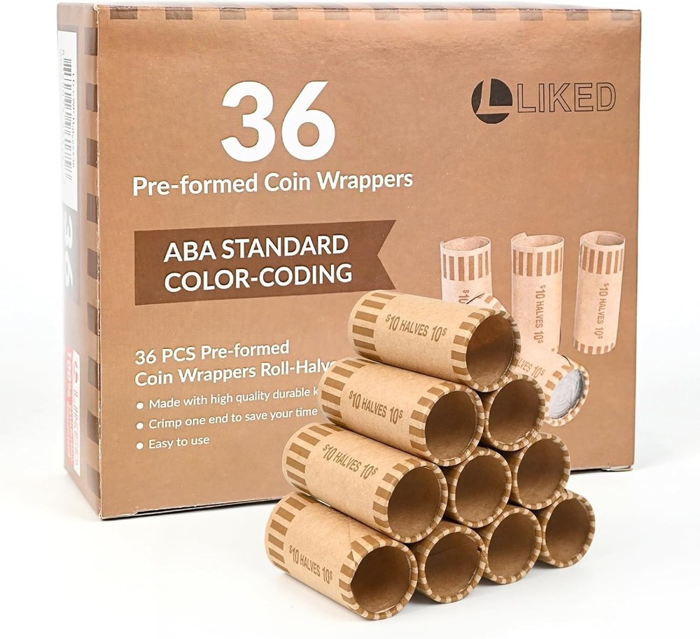 Durable 36 PCS Brown Coin Wrapper Rolls - Safe and Efficient Half Dollar Storage