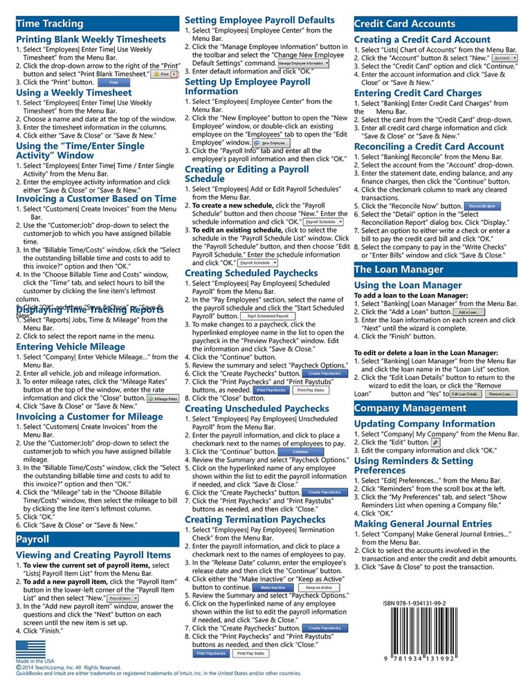 QuickBooks Pro 2014 Training Guide Quick Reference Card 4 Page Cheat Sheet