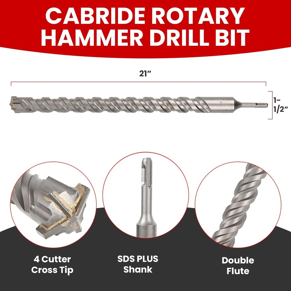1-1/2 X 21 in SDS Plus Bits, Rotary Hammer Drill Bits, Carbide, Masonry Drill...