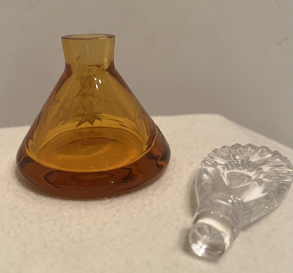 Art Glass Perfume Bottle Amber Etched Leaf Pattern Signed
