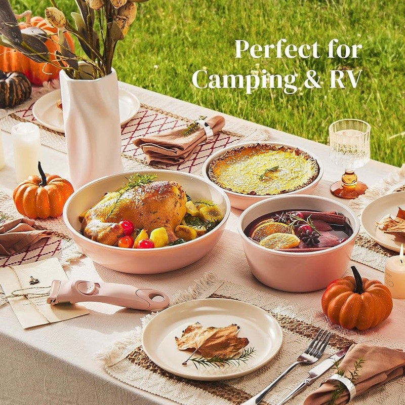 16pcs Nonstick Ceramic Cookware Set Stackable Oven Safe Removable Handle New