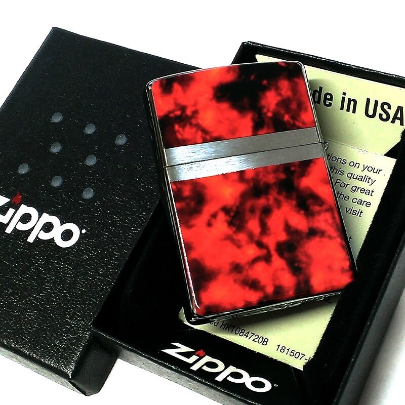 Zippo Red Marble Logo Silver Etching Double Sided Processing Lighter Regular