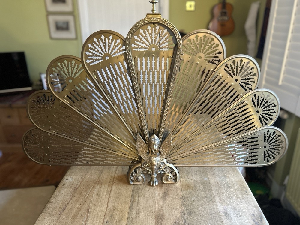 Vintage 1920s Decorative Brass Peacock Fireplace Screen / Fire Guard
