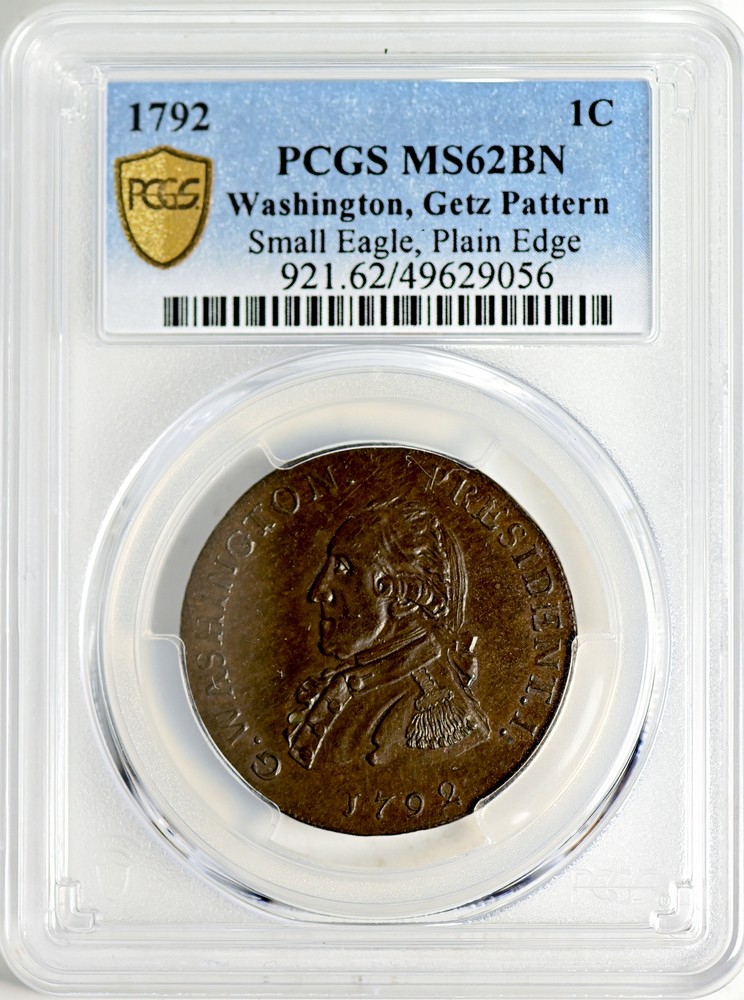 1792 WASH GETZ, SM EAGLE CENT PCGS MS 62 BN