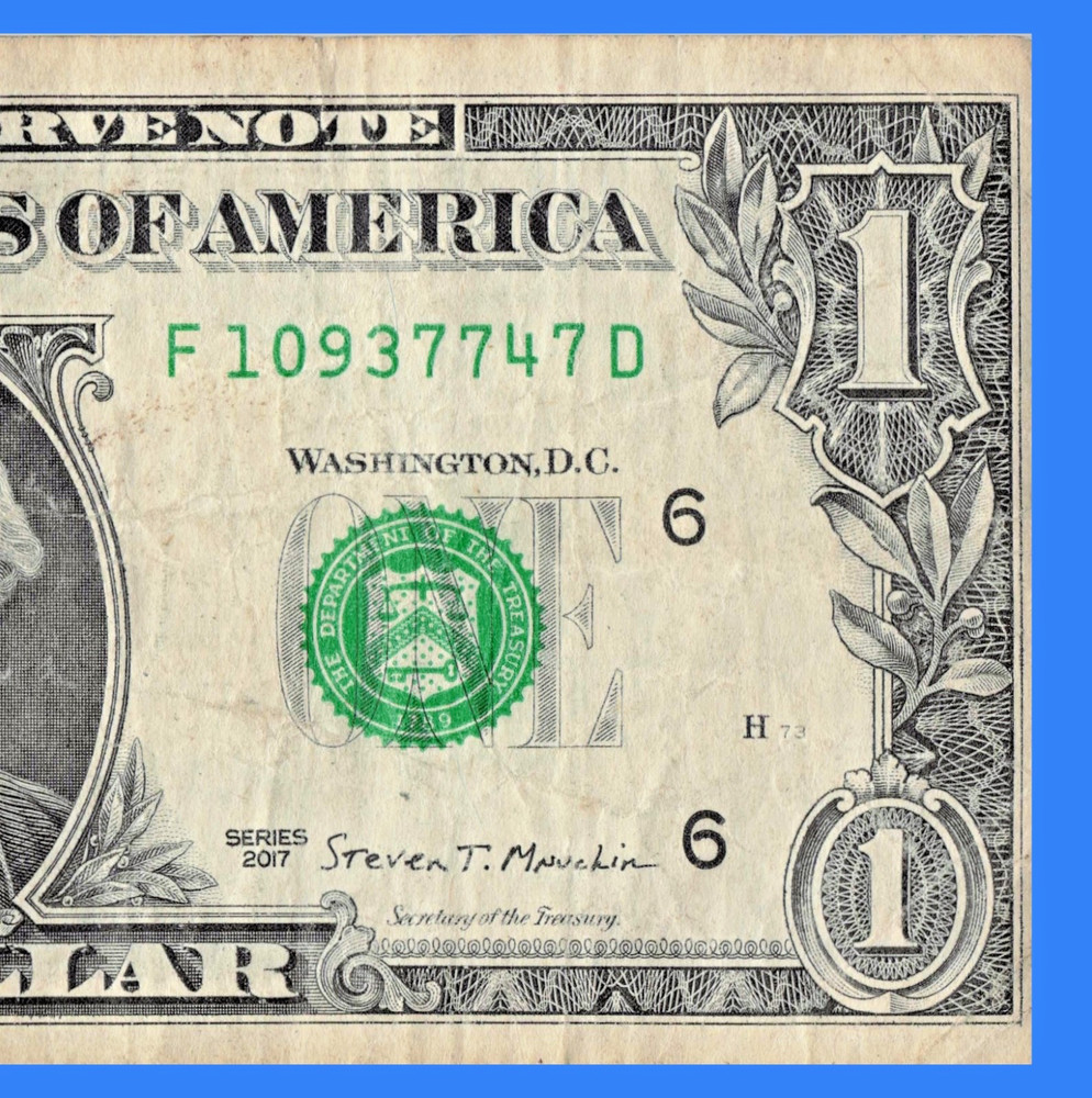 $1 Dollar Bill USD Miscut Error, Slight Misaligned Miscut 2017 Circulated