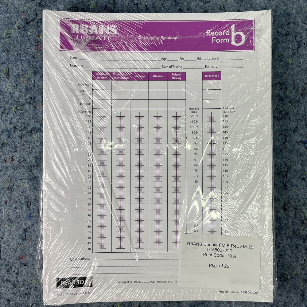 25-PACK Pearson RBANS Update Form B FM-25 Record Forms 2012 0158007220