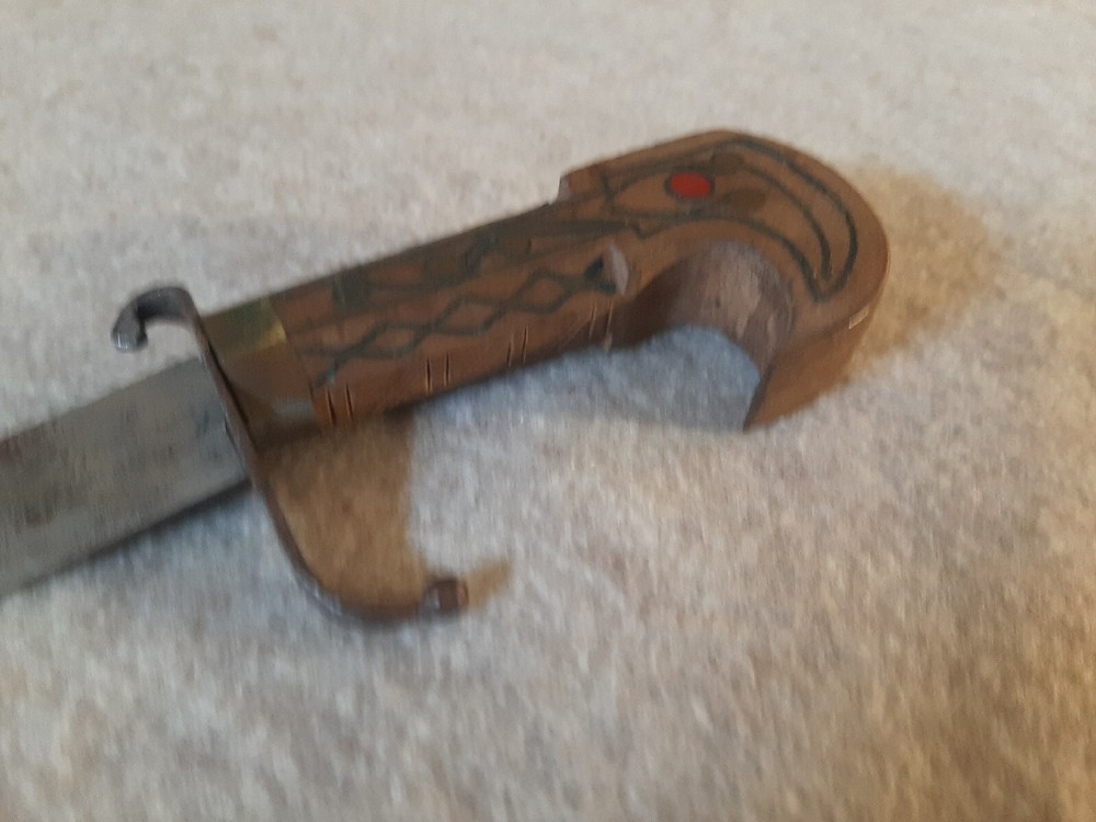 Vintage Fixed Blade Curved Dagger with Inlayed Wooden Handle & Sheath