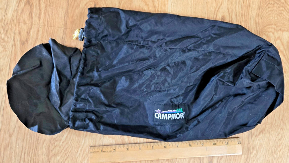Campmor stuff sack, black, nylon, waterproof fabric, flap/drawstring closure