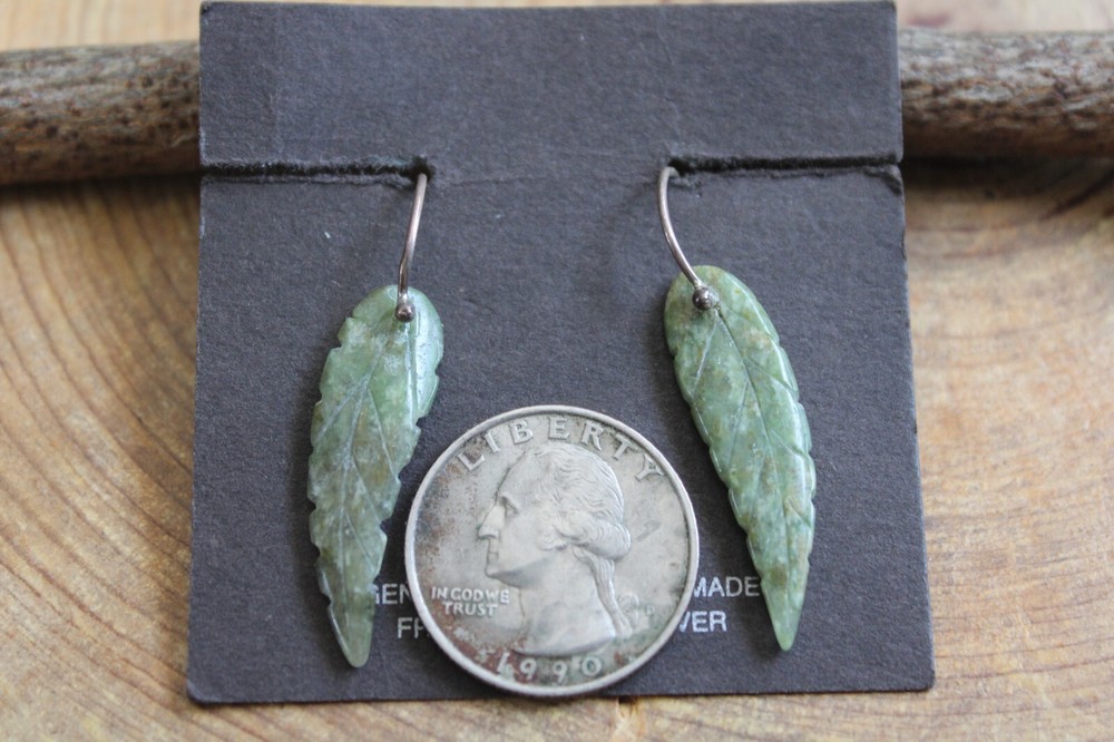 Carved Green Serpentine LEAF & Sterling Silver dangle Earrings