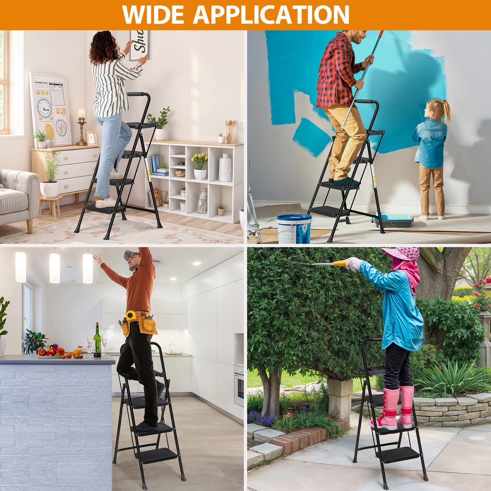 Step Ladder Sturdy 4 Step Ladder with Tool Platform Multipurpose Home Black